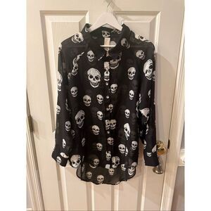 Haley Starr Black Long Sheer Happy Skulls Button Down Shirt sz XL EUC
